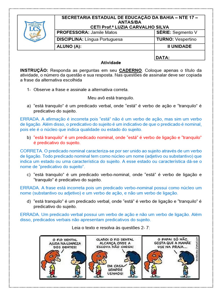 Classificação de Predicados em Língua Portuguesa | PDF | Assunto ...