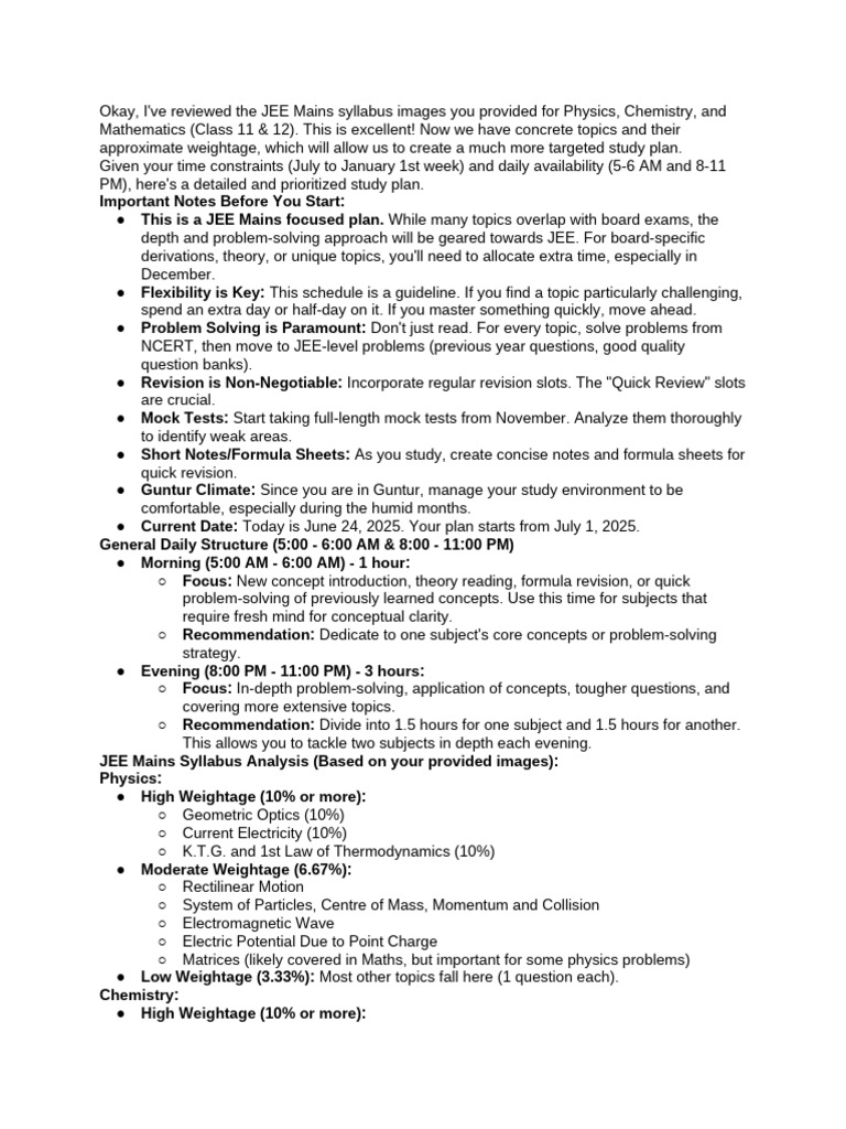JEE Mains Study Plan: Physics, Chemistry, Maths | PDF | Chemistry ...
