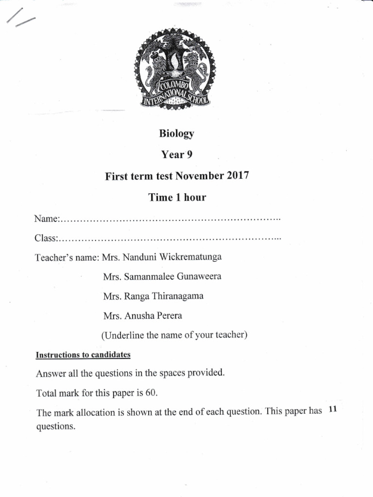 Year 9 Biology First Term Test 2017 | PDF | Salt | Digestion