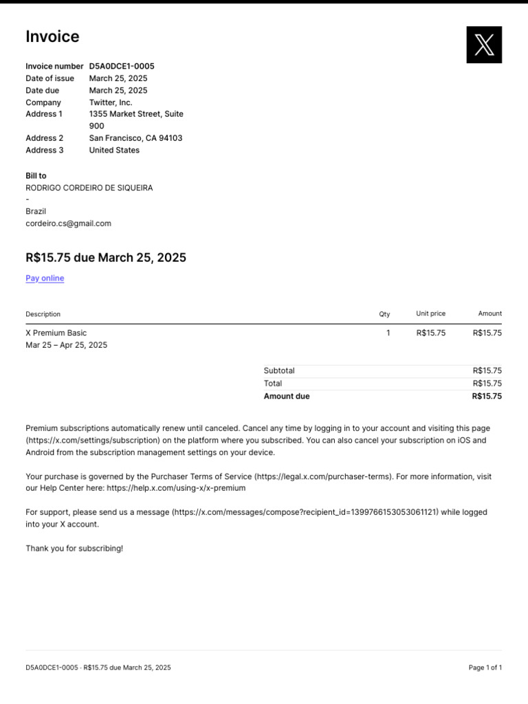 Twitter Premium Subscription Invoice | PDF