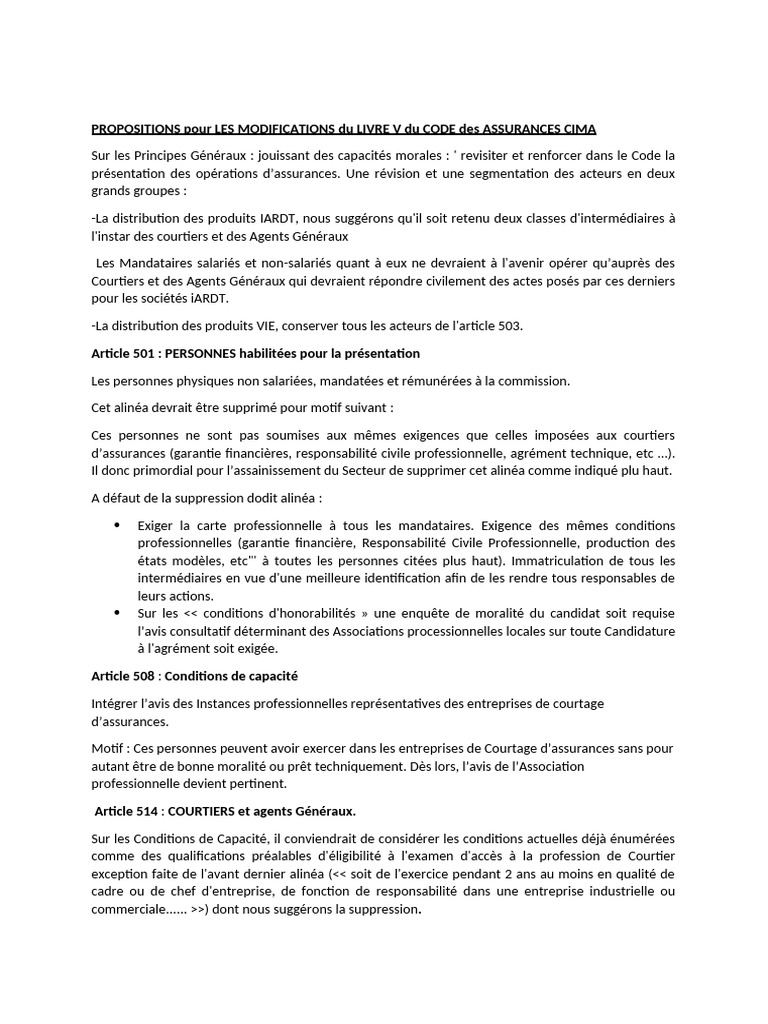 Modifications du Code des Assurances CIMA | PDF | Courtier