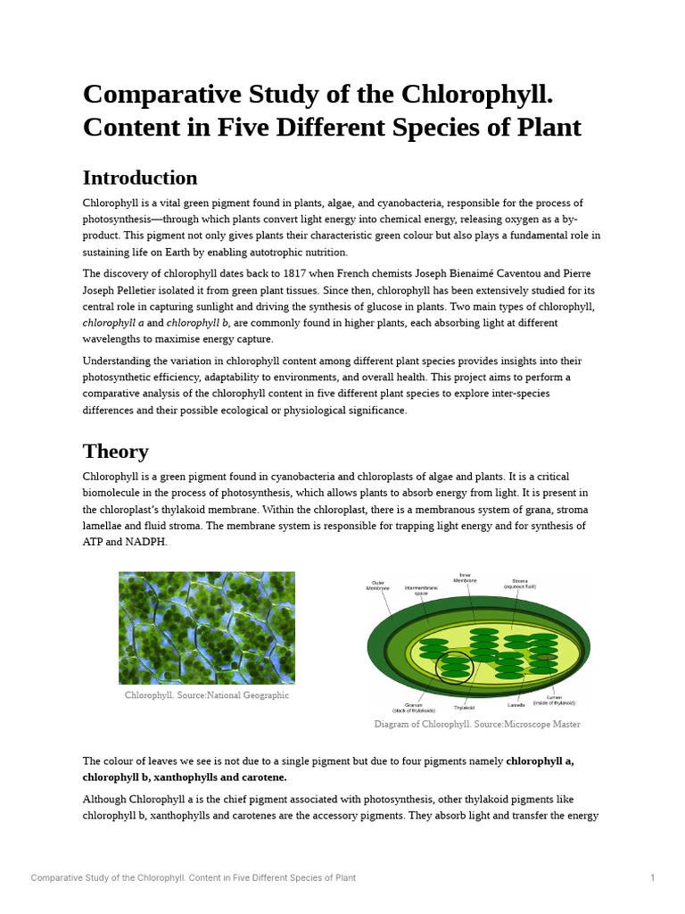Chlorophyll a & b in Five Plant Species | PDF | Chlorophyll ...