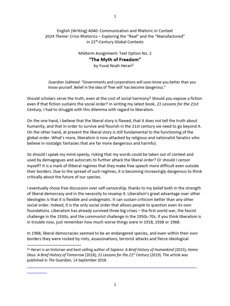 Midterm Article Option 1 - Harari - Myth of Freedom | PDF | Free Will ...