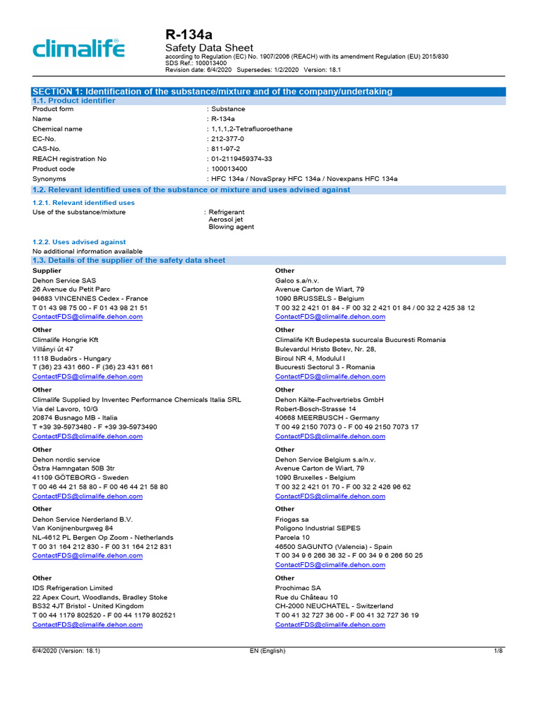 R-134a Safety Data Sheet Overview | PDF | Firefighting | Magnesium