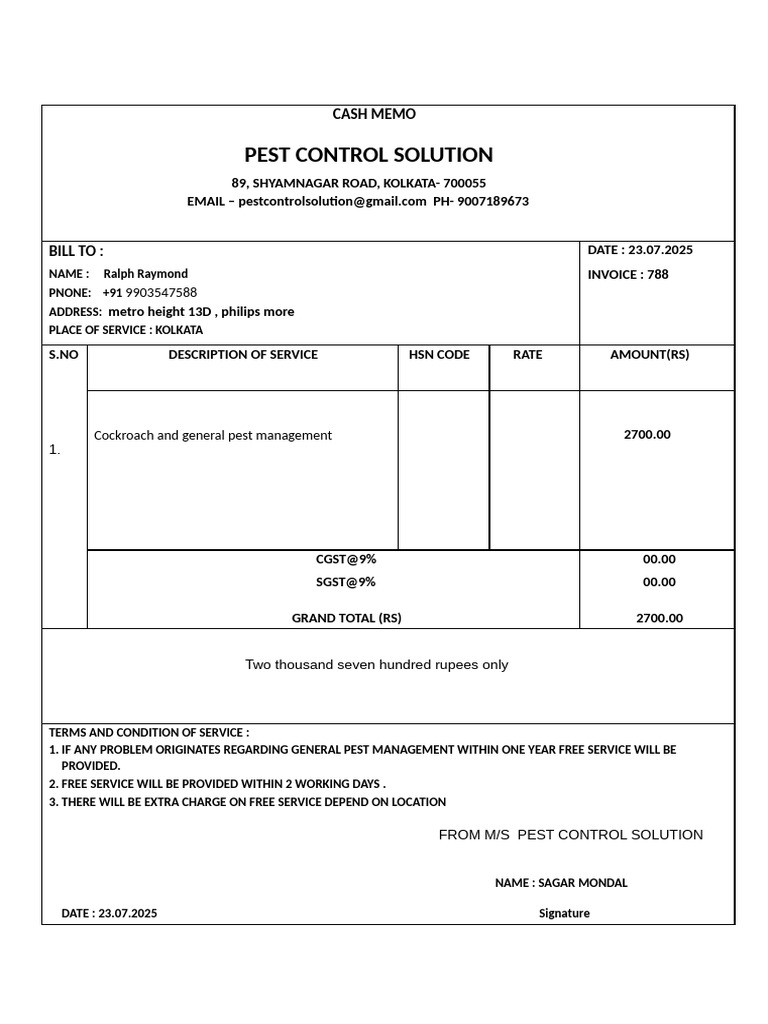 Pest Control Invoice - Kolkata Service | PDF