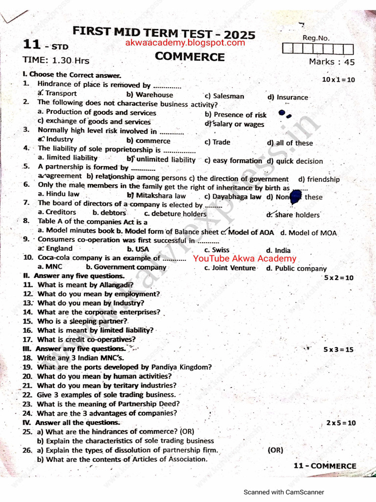 11th Commerce Mid Term Question Paper 2025 | PDF