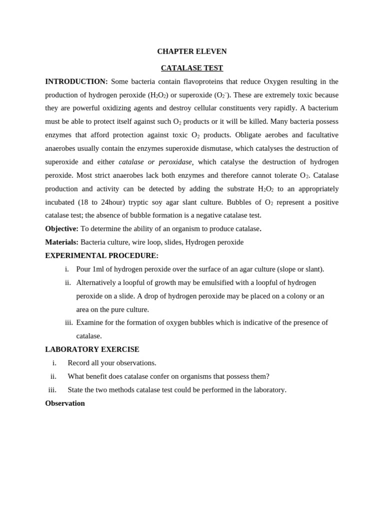 Catalase Test for Bacterial Identification | PDF