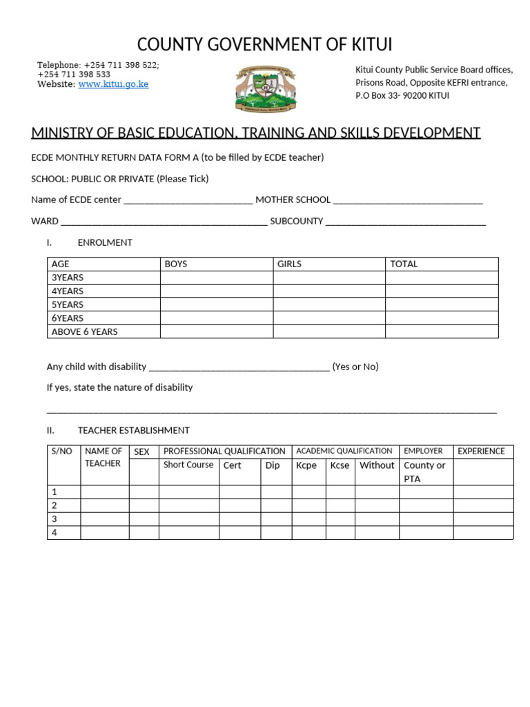 ECDE Monthly Return Data Form Kitui | PDF