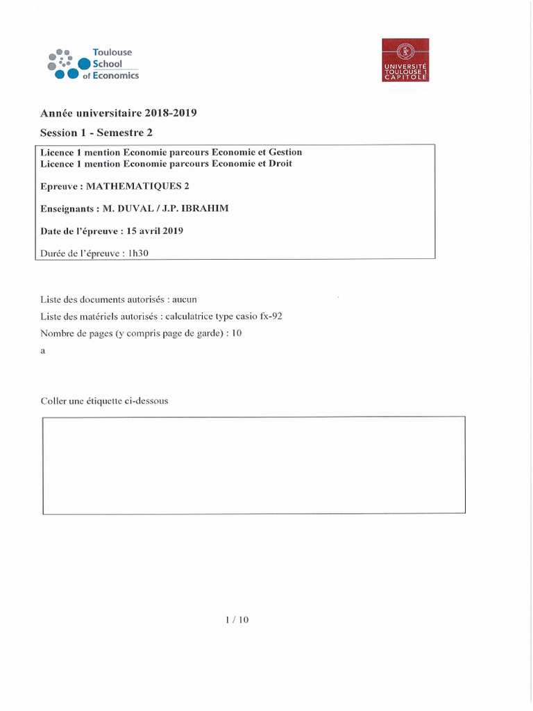 Examen Mat2 Toulouse 2018 2019 | PDF