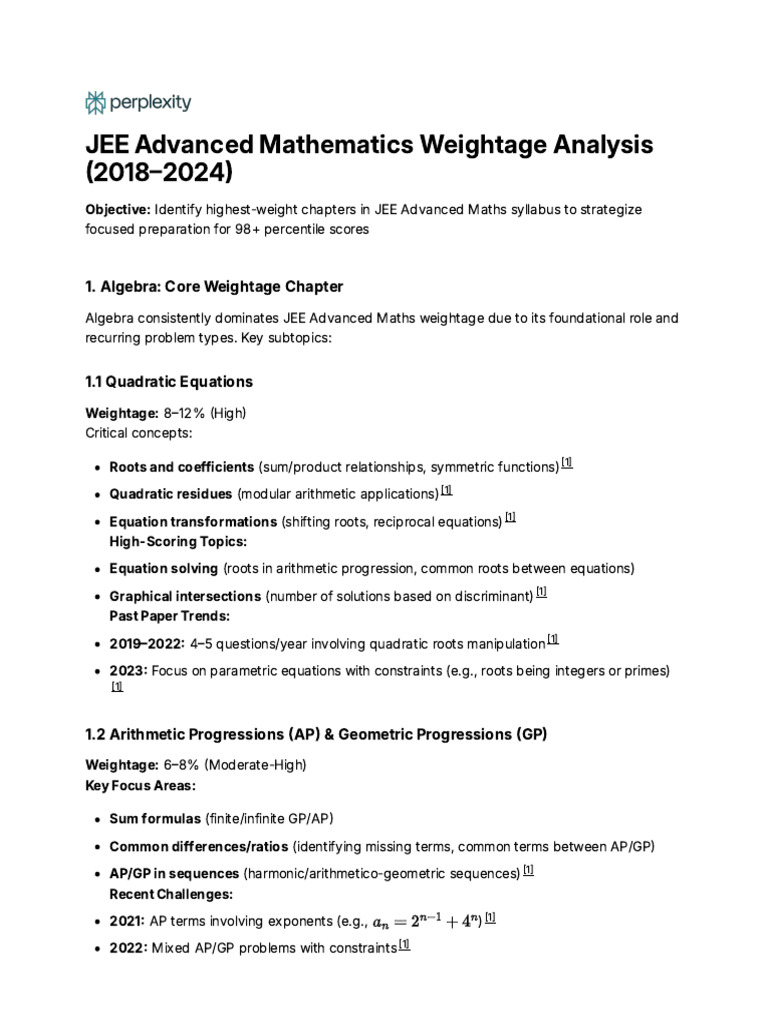 JEE Advanced 2018 Algebra Weightage Insights | PDF | Matrix ...