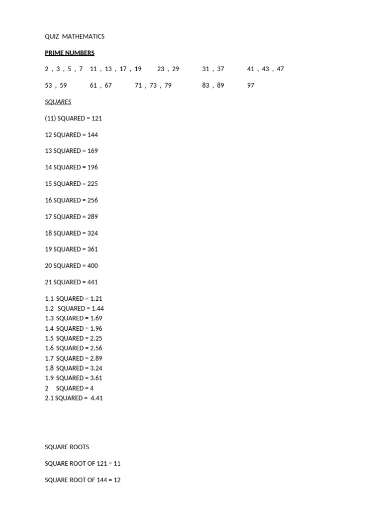 Quiz Mathematics | PDF | Area | Numbers