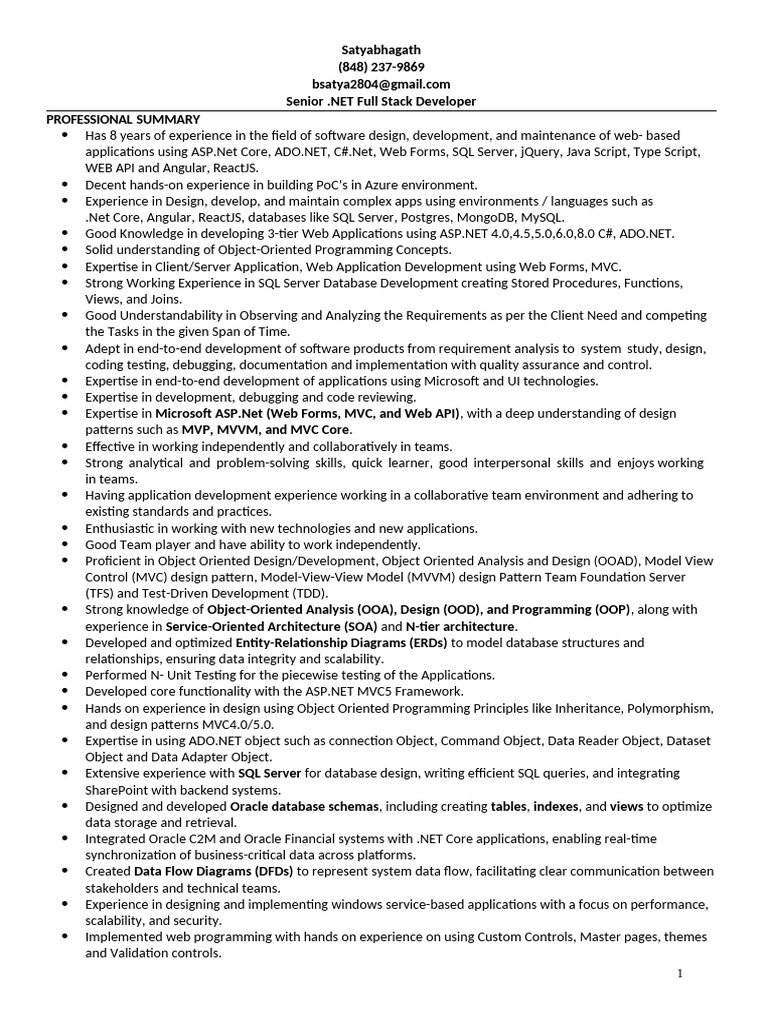 Senior .NET Full Stack Developer Resume | PDF | Databases | Microsoft ...