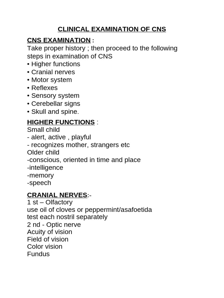 CNS Clinical Examination Guide | PDF | Anatomical Terms Of Motion | Arm