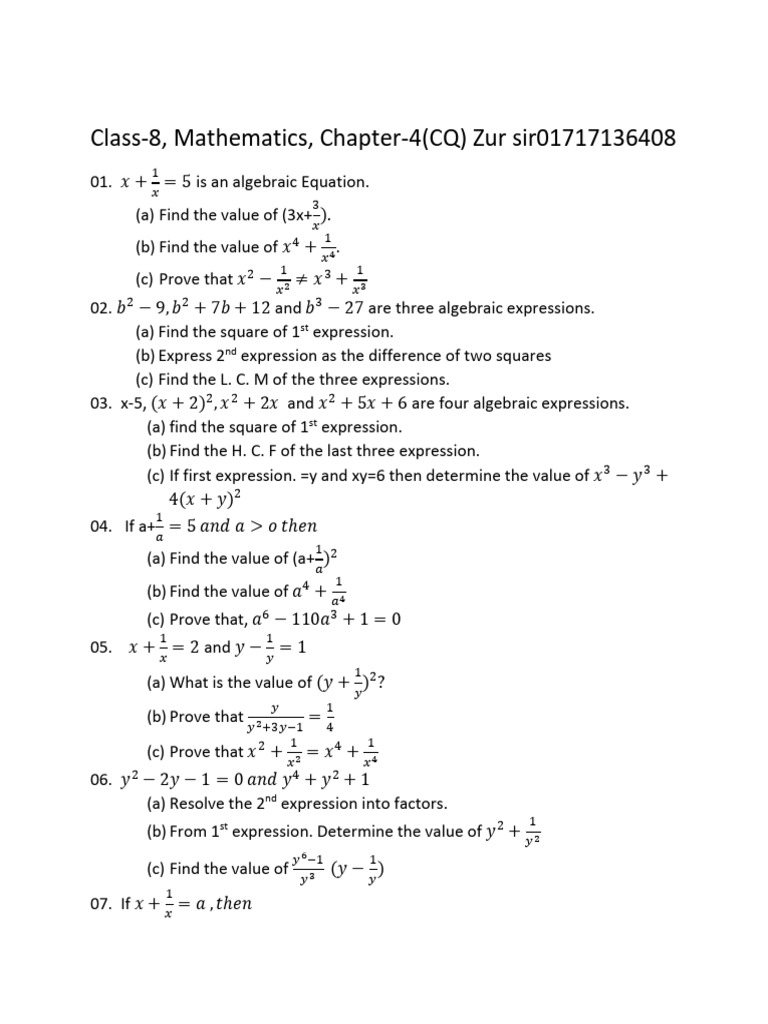 Class 8 Math: Algebraic Expressions Solutions | PDF | Equations ...