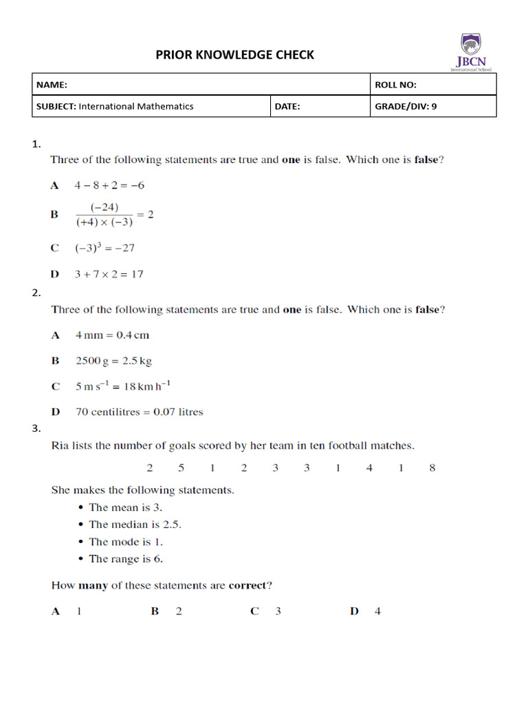 International Mathematics Knowledge Check | PDF