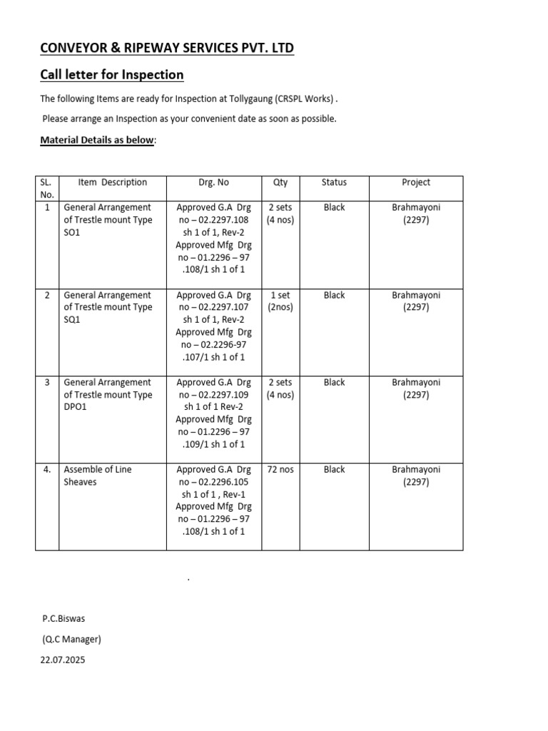 Call Letter For Inspection For MOUNTS (2297) - DT 22.07.2025 | PDF