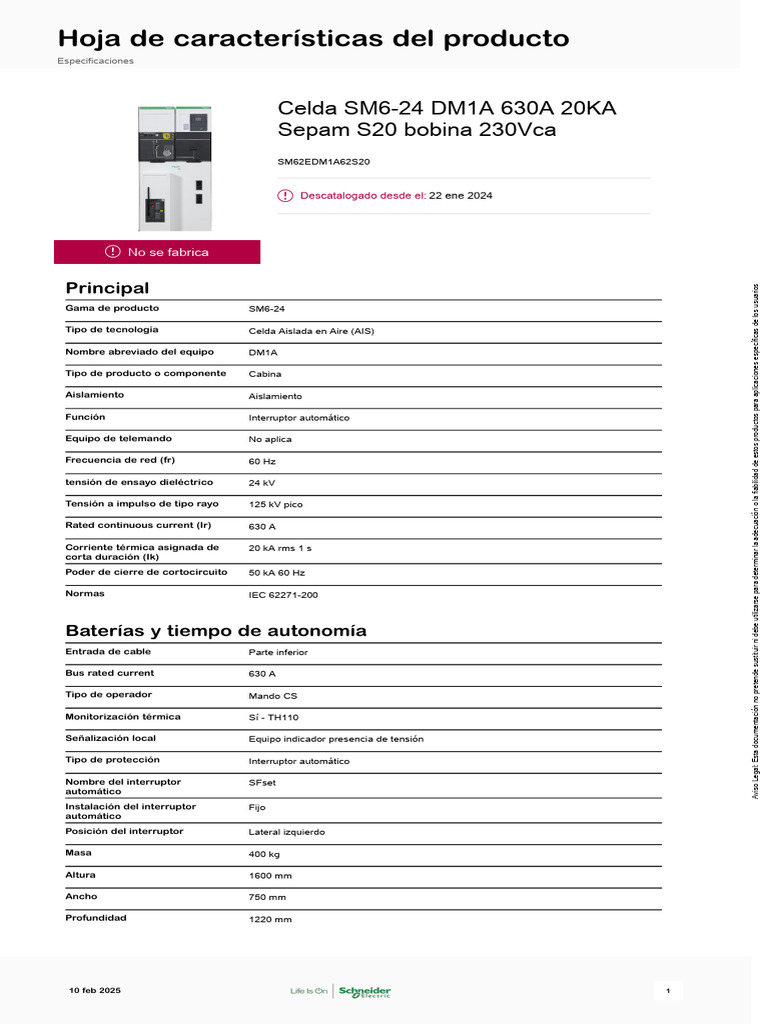 Celda SM6-24 DM1A 630A Descatalogada | PDF | Aislador (Electricidad ...