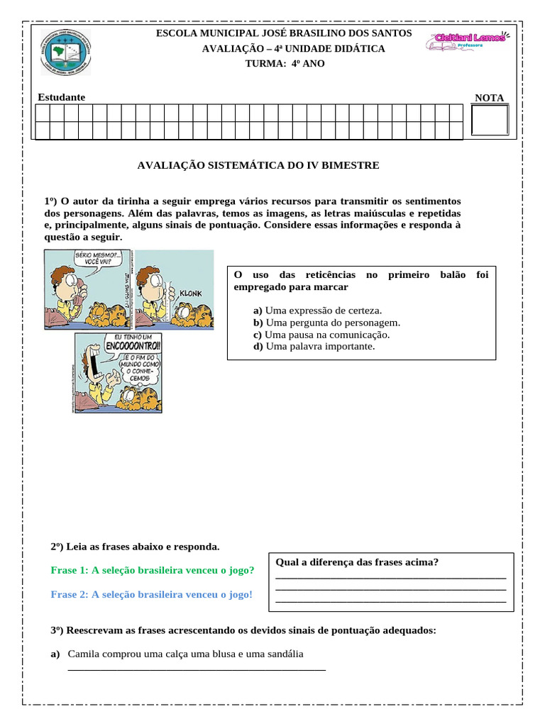 Avaliação Língua Portuguesa 4 Ano | PDF