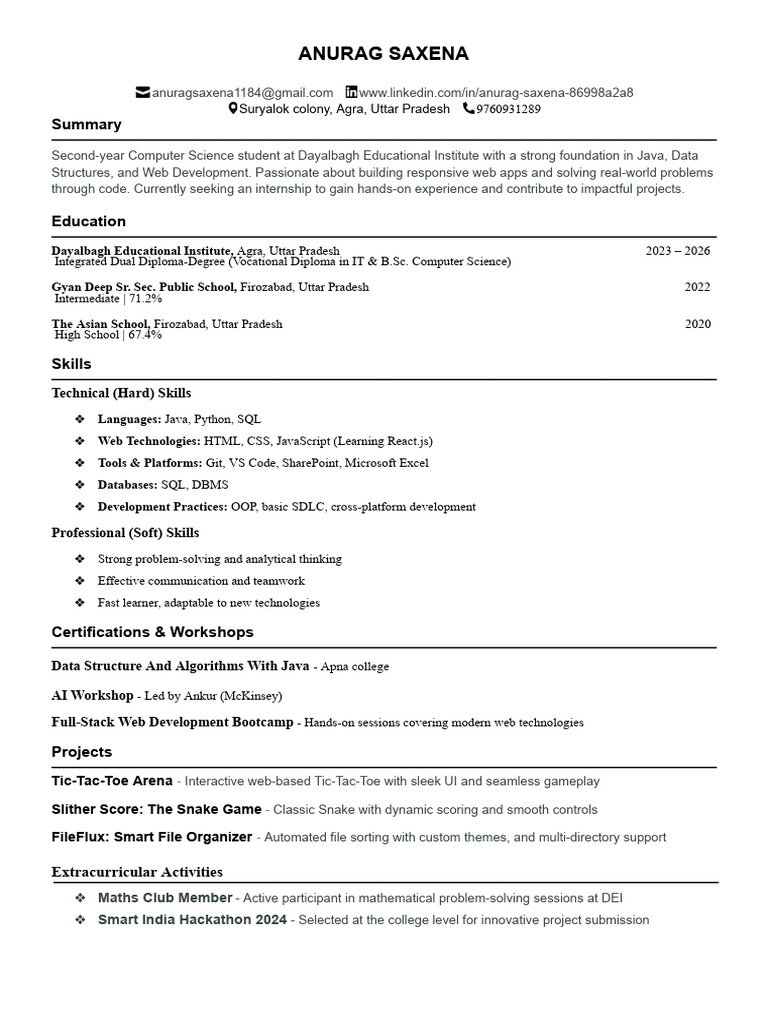 Anurag Saxena: Computer Science Student | PDF | Technology Development ...