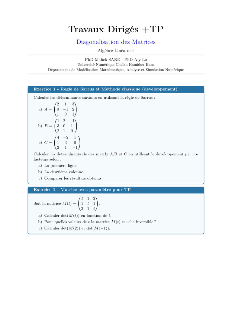 Diagonalisation des Matrices : Exercice Corrigé | PDF | Matrice ...