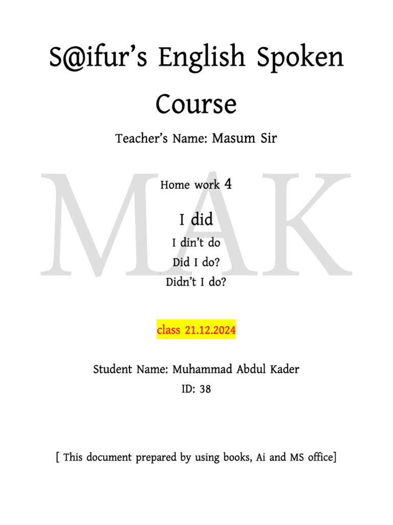 Home Work (I Did) Part 4 Class 17.12.2024 | PDF