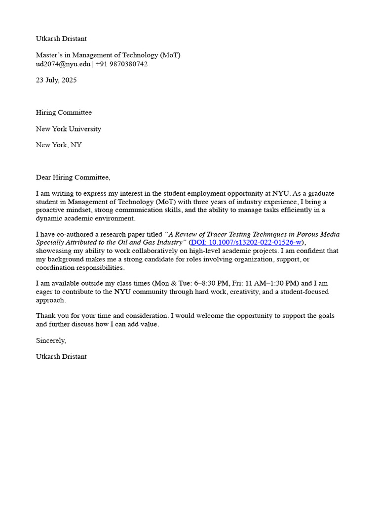 Application for NYU MoT Student Position | PDF
