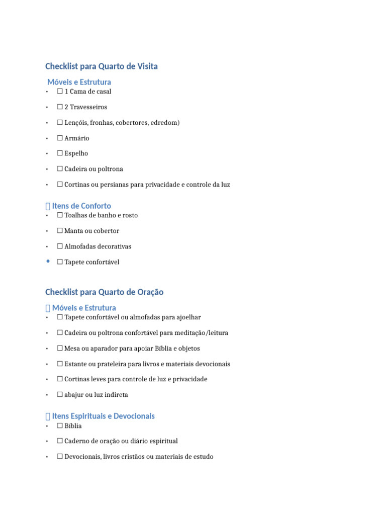 Checklist Completo para Quarto de Visita | PDF | Cama | Implementos ...