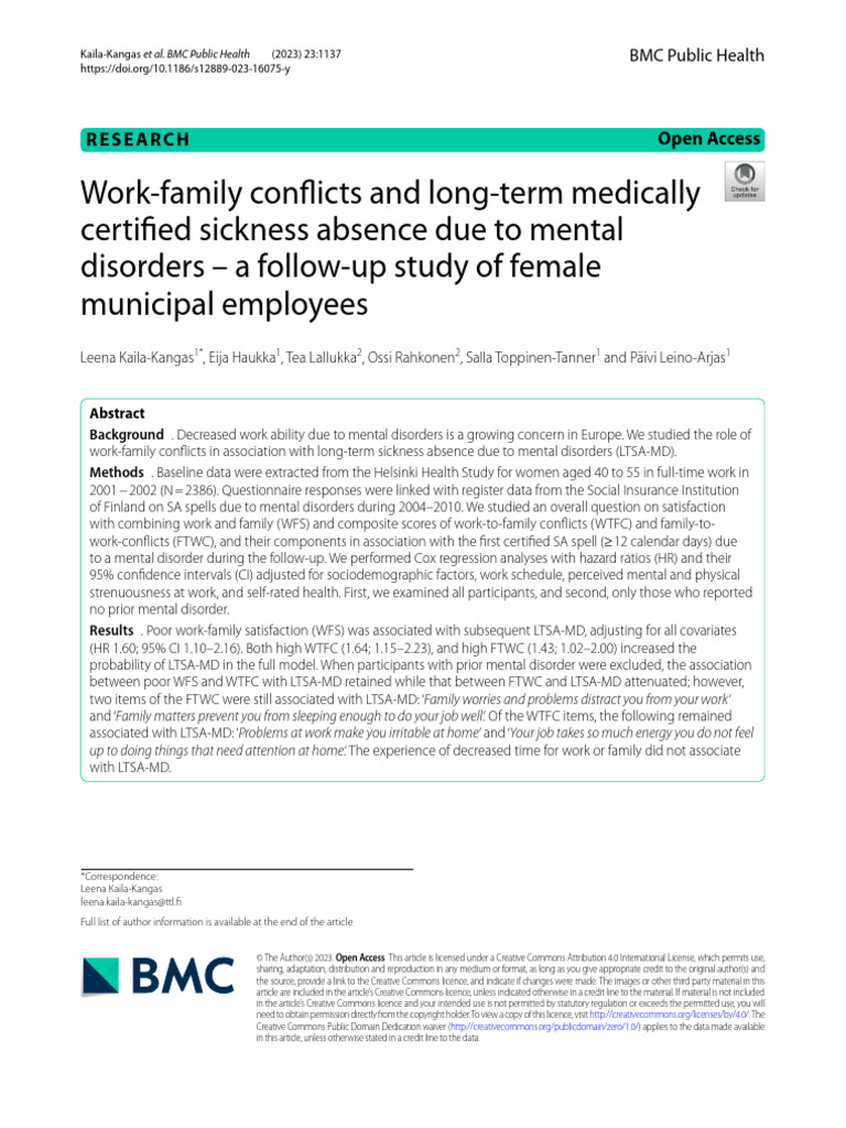 Work-Family Conflicts and Mental Health | PDF | Creative Commons ...