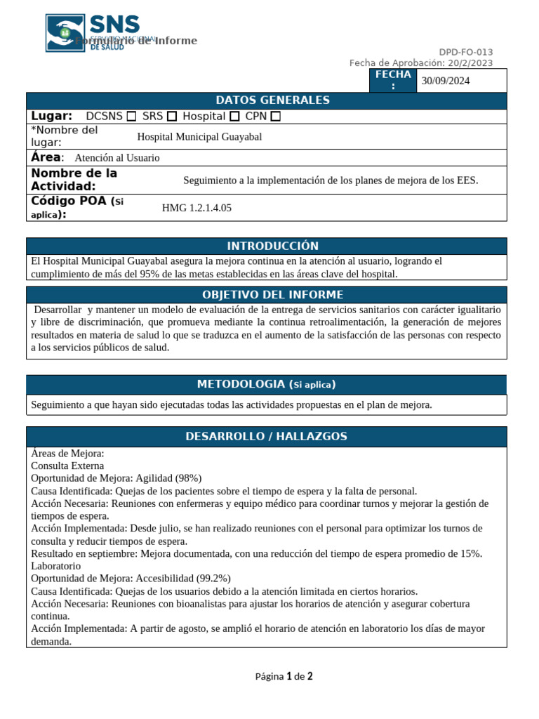 Informe de Mejora en Atención Hospitalaria | PDF | Hospital