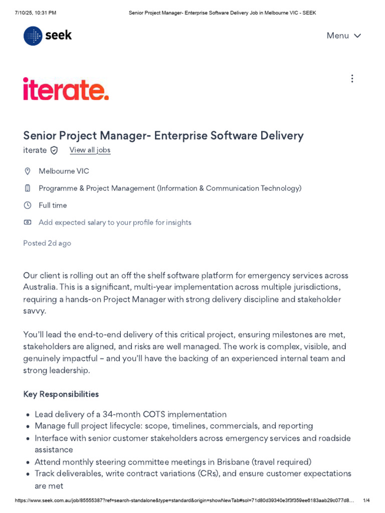 Senior Project Manager Role in Melbourne | PDF | Business | Computing