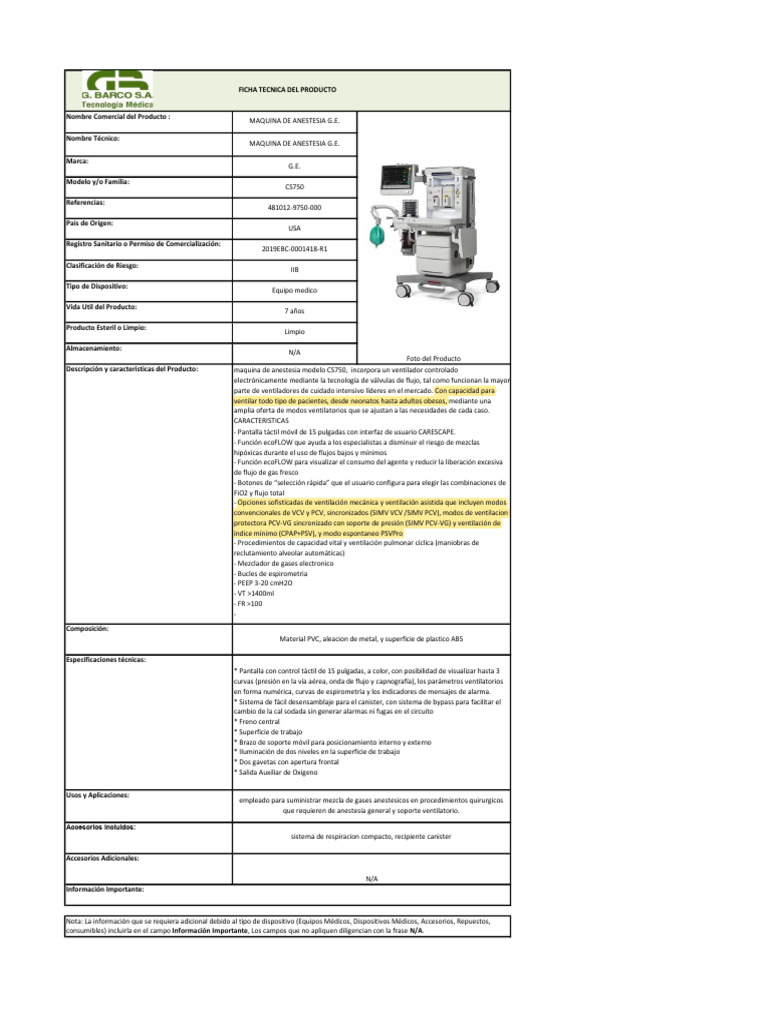 Máquina de Anestesia G.E. CS750 | PDF | Respiración