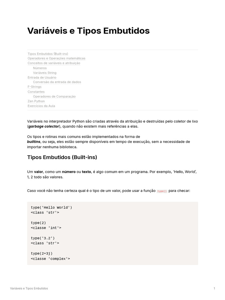 Variáveis e Tipos Embutidos em Python | PDF | Python (linguagem de ...