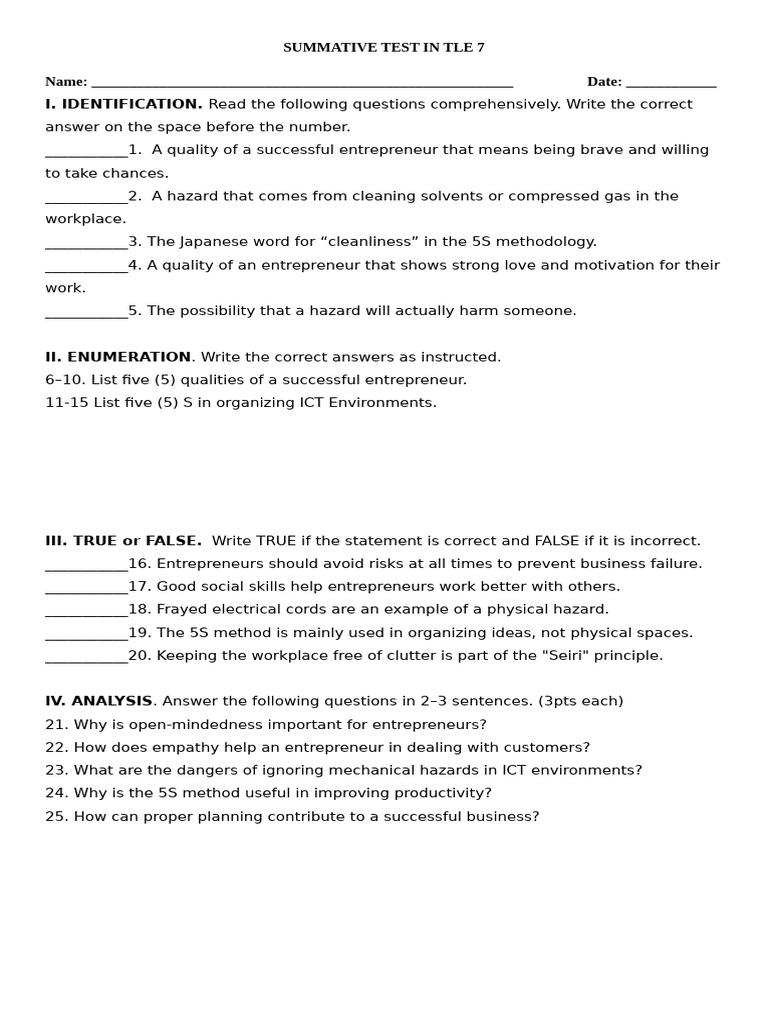 TLE 7 Summative Test on Entrepreneurship | PDF