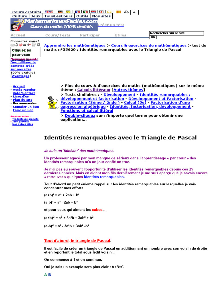 Identités Remarquables et Triangle de Pascal | PDF | Mathématiques