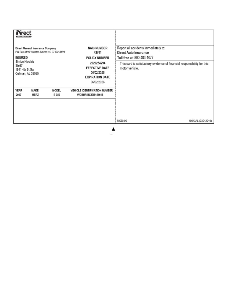 Alabama Auto Insurance Card Template | PDF