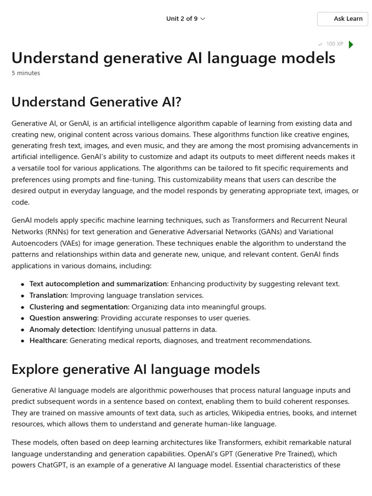 Understand Generative AI Language Models - Training - Microsoft Learn 2 ...