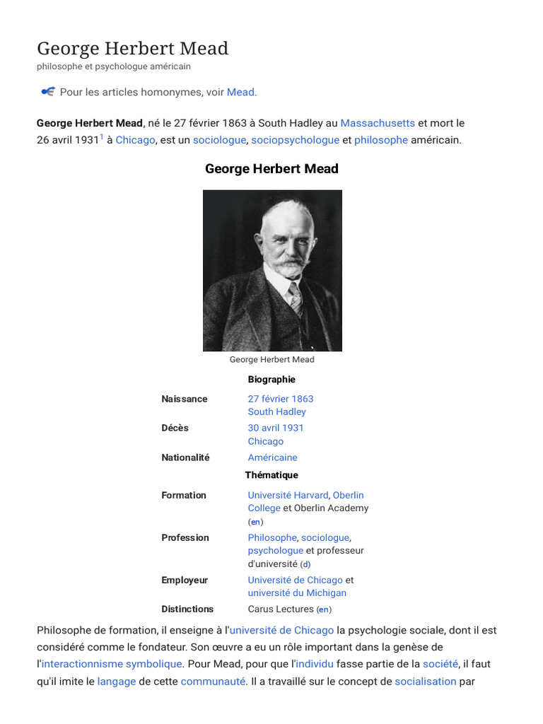 Biographie de George Herbert Mead | PDF | Concept de psychologie | Science