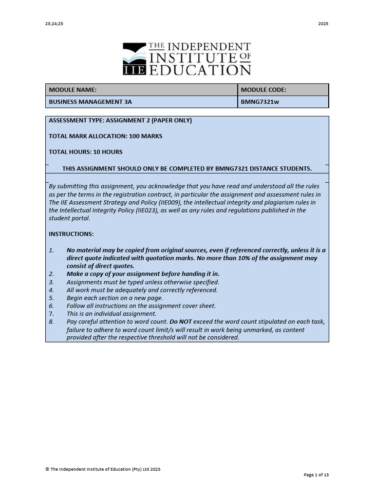 Business Management Assignment Guidelines | PDF | Investing | Initial ...