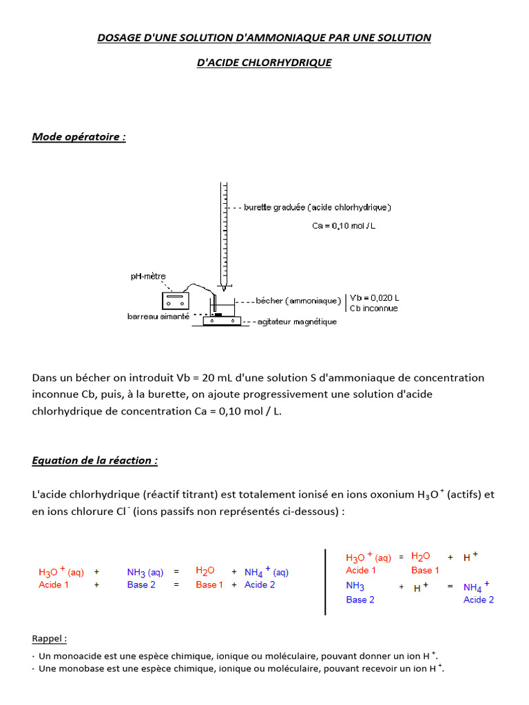 Dosage d'ammoniaque par HCl : méthode et résultats | PDF | Titrage | Chimie