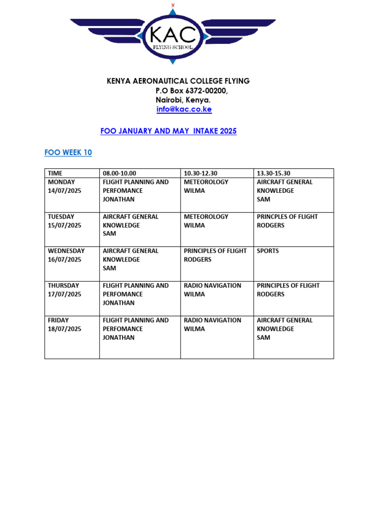 Kenya Aeronautical College FOO Schedule 2025 | PDF
