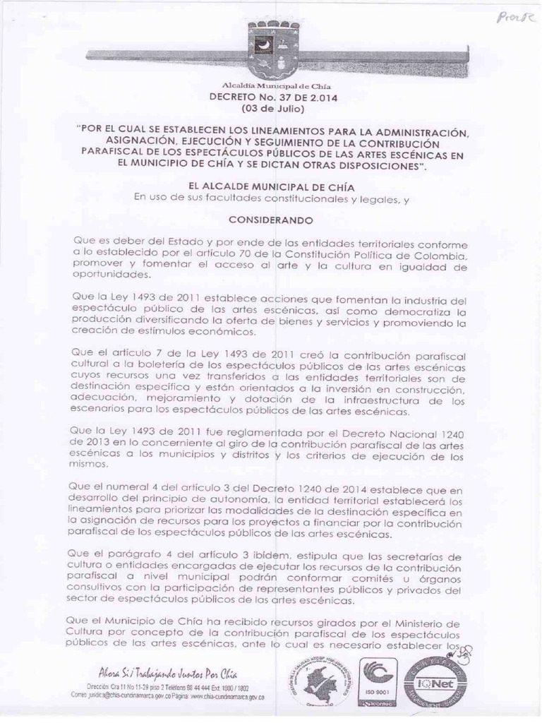 Decreto 037 de 2014 Chía CONTRUBUCIÓN PARA FISCAL CULTURA | PDF