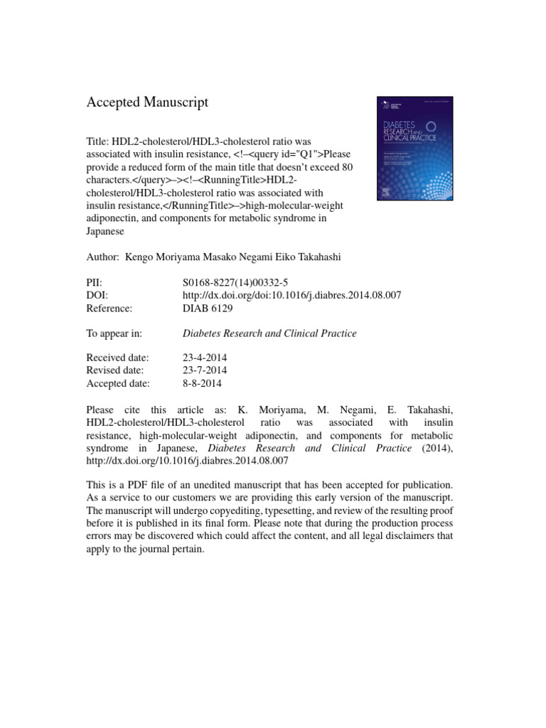 HDL2/HDL3 Ratio and Insulin Resistance | PDF | High Density Lipoprotein ...