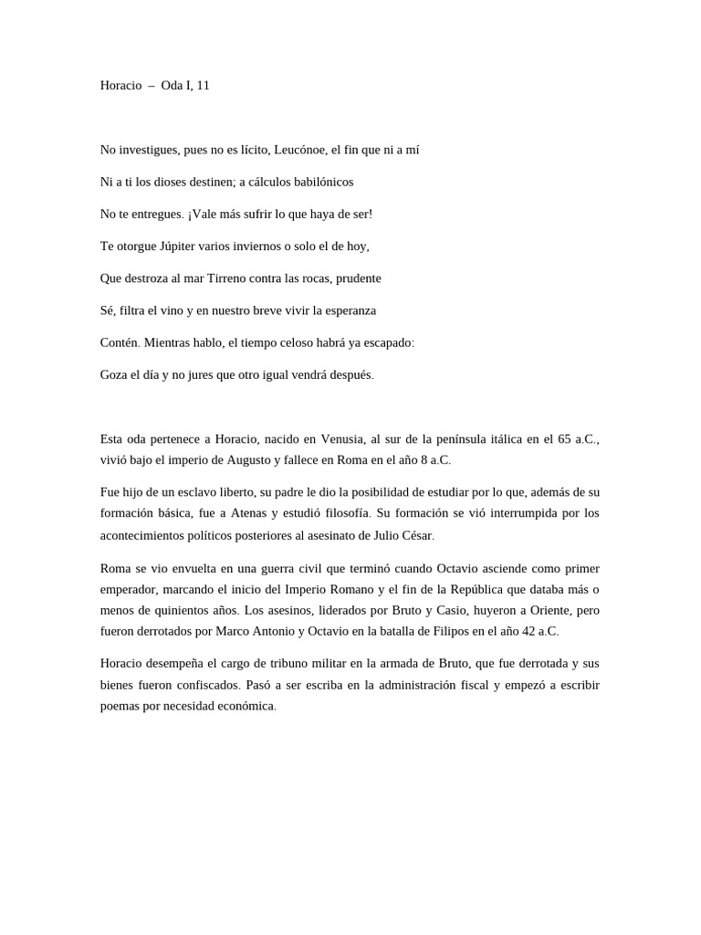 Oda I, 11 de Horacio: Carpe Diem y Epicureísmo | PDF | Horacio