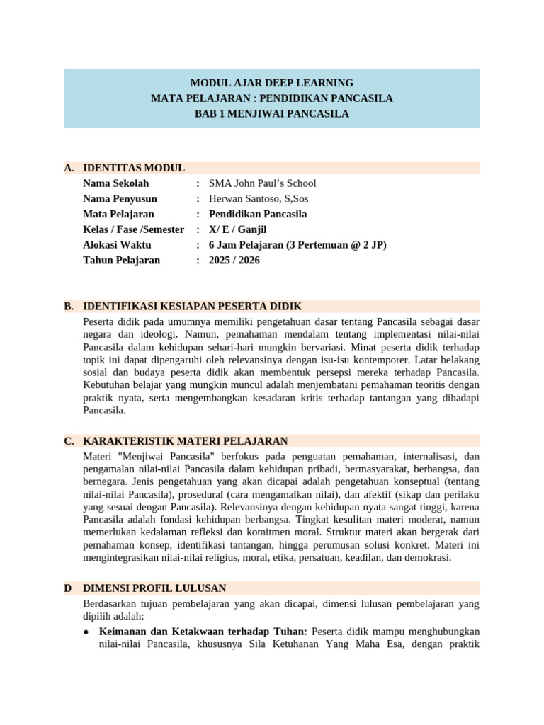 Modul Ajar Deep Learning Pancasila Kelas X | PDF