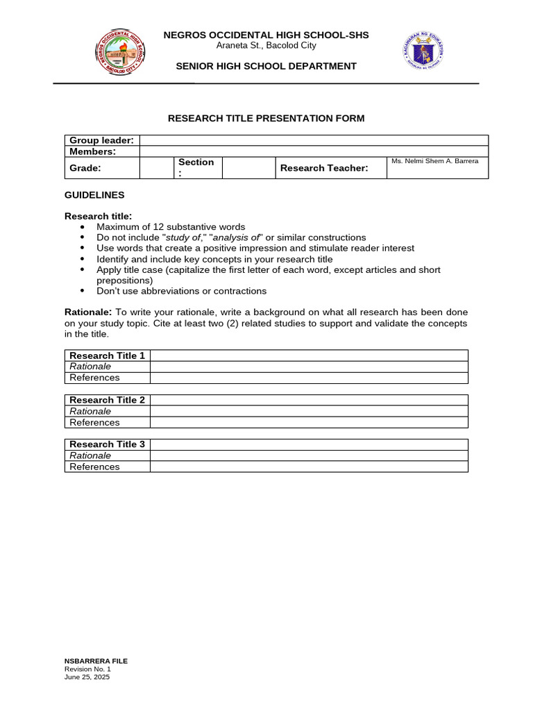 1 - Research Title Presentation Form - Barrera | PDF