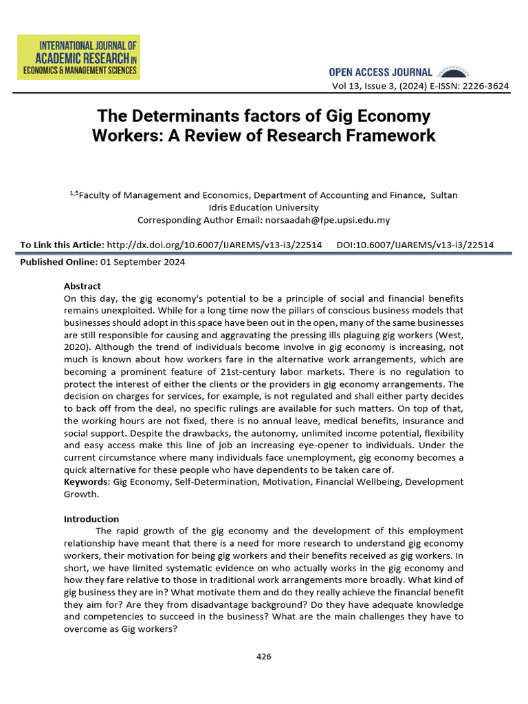 The Determinants Factors of Gig Economy Workers A Review of Research ...