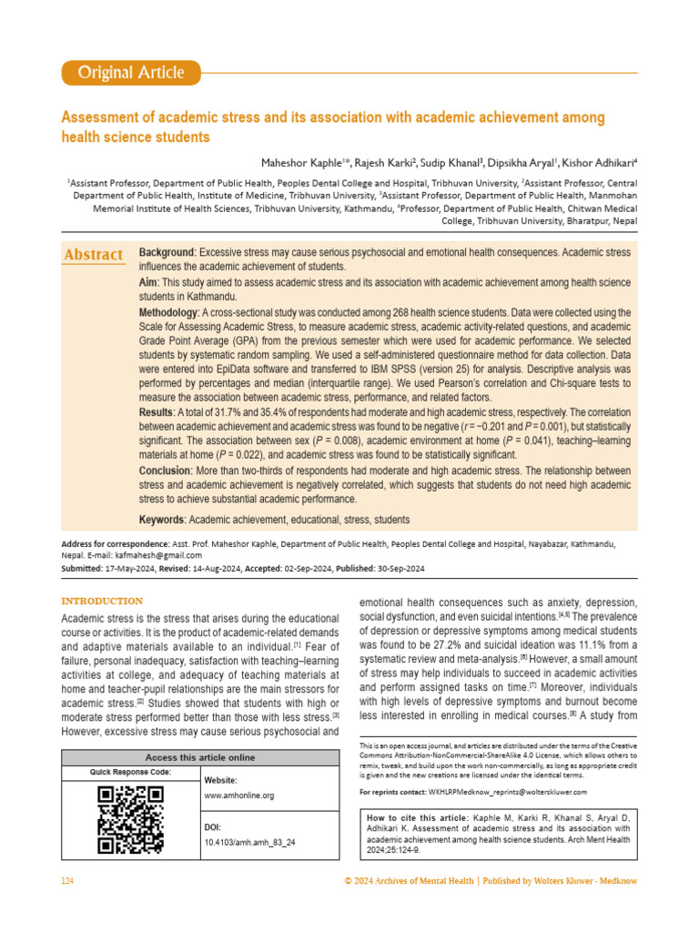Academic Stress and Achievement in Health Students | PDF | Major ...