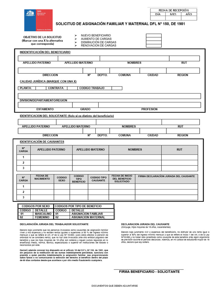 Solicitud Asignación Familiar DFL 150 | PDF | Certificado de nacimiento ...