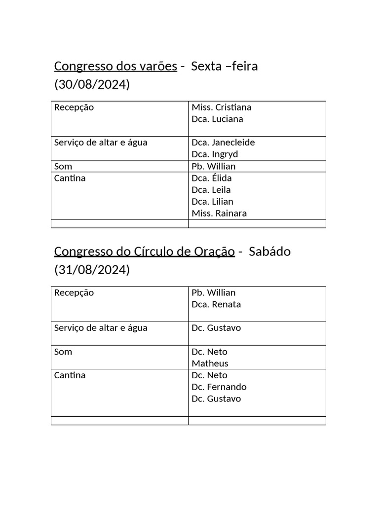 Programação do Congresso dos Varões 2024 | PDF