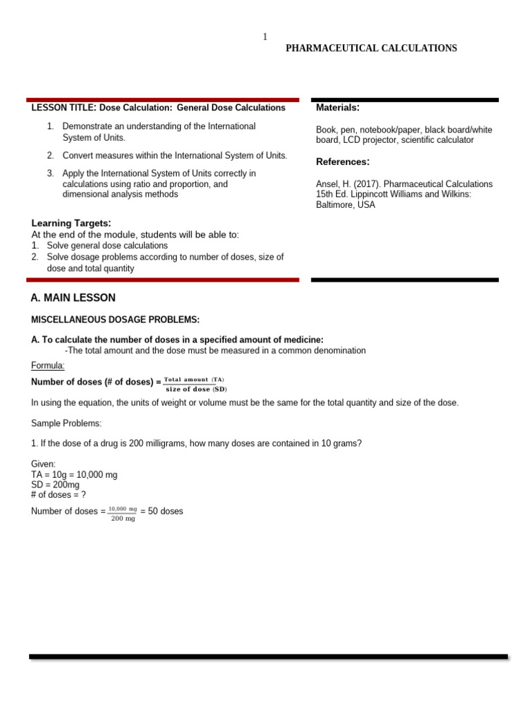 General Dose Calculation Techniques | PDF | Dose (Biochemistry) | Chemistry